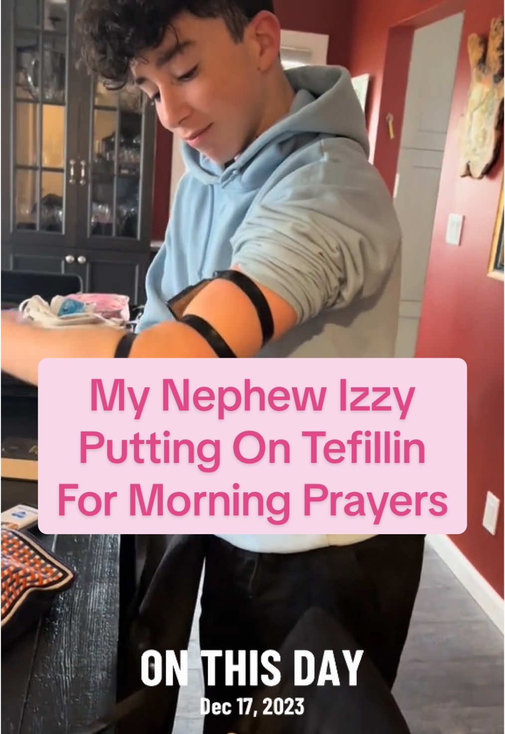 I have a pinned video from my dad explaining tefillin 🩵 Izzy has come to visit a few times since we made this video together but I haven’t gotten a chance to film him putting on tefillin!! Okay Izzy- you’re coming to visit soon, let’s do this! #onthisday #tefillin #jewishtiktok #jewishprayer 