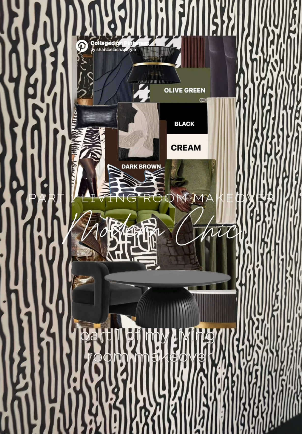 Living Room Makeover | Part 1 Olive green, black, dark brown, and cream – it’s an elite color scheme to elevate your space.  the links are shared on my ltk and amazon store front, but if you comment on IG it auto dms you. I’m loving how chic yet modern it feels. I get inspo from not just home interiors, but fashion as well. They really go hand in hand with styling. Stay tuned for Part 2 where I’ll share the rest of the items, plus the Pinterest moodboard I created and added to my Amazon store front for items not featured in the video yet. Also let me know what other color schemes and styles y’all want to see so I can create more mood boards and collages for inspo 🖤Remember you can elevate your space no matter where you live!  🖌️ Paint: Turkish Coffee (SW6076) – @sherwinwilliams  🖤Black Contact Papers: @amazonhome (on my store front or comment for links) 💡 Light Fixture: @wayfair  🖼️ Wallpaper: @ondecorstore black and white contemporary (comment for link)  🛋️ Olive Kova Sectional: @albanyparkhome (PILLOWCUSHION) - comment for link  🧺 Beige Rug: RUGS USA (comment for link Here’s the updated list with all lowercase hashtags: #livingroommakeover #modernhomedecor #interiordesigninspo #elitecolorscheme #olivegreendecor #chiclivingroom #homestyling #neutralhomevibes #moderninteriors #sherwinwilliamspaint #wayfairfinds #rugsusa #albanypark #amazonhome #homemakeoverseries #modernchicdecor #livingroomgoals #affordablehomedecor #homedecorideas #betterlivingspaces #ondecorwallpaper #moderncontemporary 