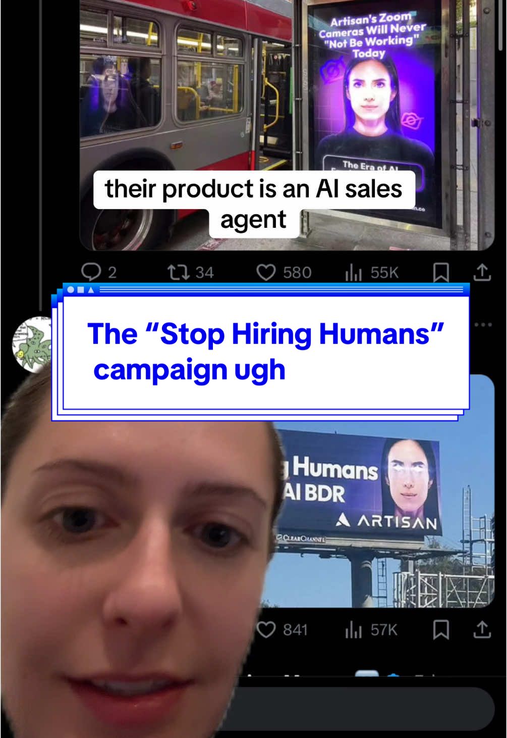 #greenscreen  Recap of AI sales agent company “Artisan” and their “Stop Hiring Humans” campaign as seen on SF billboards. Article from futurism.com As a marketer in both the tech and social impact space, i can tell you that the ethics are very much in question. But so is the impact of this ad on their customer enablement and bottom line profit. so. $$$ They got me tho i am annoyed #marketing #ai #techtok #productmarketing #future #marketingtrends 