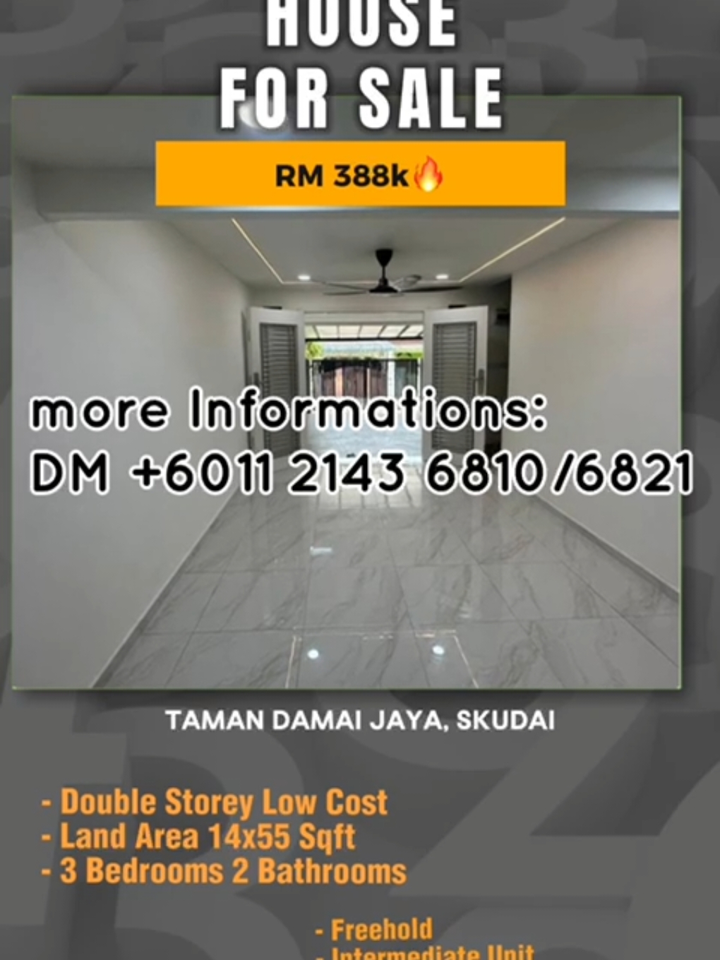 *Jalan Makmur 28 Taman Damai Jaya, Skudai* - Double Storey Low Cost  - Land Area 14x55 Sqft  - 3 Bedrooms 2 Bathrooms  - Freehold  - Intermediate Unit - Non Bumi - Facing NORTH EAST - Fully Renovated Condition  Car Porch Fully Tiles, Awning, Security Main Door, Plaster Ceiling, SPC Flooring, Kitchen Fully Extended with Kitchen Cabinet, Bathroom Fully Mosaic, Extended 1 Kitchen - NO Guard and Gated 💰 Selling Price RM388k‼️ 📞 https://wa.me/601121436821 📞 https://wa.me/601121436810 For more details or viewing appointments! #nusasentral #iskandarputeri #bukitindah  #perling #tampoi #skudai #gelangpatah #saleng #senai #kulai #ulutiram #tiram #masai #pasirgudang #sriskudai  #fullyrenovated #fullloan  #rumahmampumilik #johor #tmj #jdt  #sjkp #realestateinvestor  #realestateagent #realeastatenegotiator #johordarultakzim #renovation #yennampolvalkai #johorbahru  #johorindian #jbproperty #realestate #agenthartanah ##jb ##rumahmurah  #rumahuntukdijual #topsales #goverment #Ippsa #rumahmampumilik #ciq #tuas  #singapore #malaysia #cashback #pinjaman #pinjamancepat  #johordarultakzim #tamilan #malay #chinese #shoppingmall #market #bank #professional #refinance #zerodeposit #tanpadeposit #fullloanproperty #tamanuniversiti #kangkarpulai #kotatinggi #skudaibaru  #tunaminah #pulai #pulaijaya #pulaiindah #pulaihijauan #tamanterataiskudai  #tamansripulai #tamansripulaiperdana  #kangkarpulaiskudai ##kangkarpulaijb  #senaijohormalaysia #senaijohorbahru  #senaiairport #tampolindahjb  #apartment #gatedcommunity #landedhouse #landedproperty #landed #tampoijohorbahru #tampoiindahjb  #kempasjohorbahru #kempasindahjohor  #kempasutama #kotamasai2  #pasirgudangjohor #pasirgudangib  #johorviral #jbviral #jbfoodie #tiktok  #tiktokindia #tiktoknews #tiktokviral  #tiktokib #tiktokmalavs #larkin #larkinjohor #johordarultakzim  #johorean #johoreangirl #johorbahrumalaysia *= #johorbahrufoodie #johorbahrufood  #skudaijb #skudaijohor  #tamanuniversitiskudai #nusajaya  #johorproperty #property #propertyjb #propertyjohor #propertyjohorbahru #bandarserialam #bandarserialamjb #johorjaya #anakjohor #anakjohor  #wedding #weddingtiktok #johortamilan #setia #setiaindah #mountaustin  #kulaijohor #facebook #facebookreels #facebookmarketplace #facebookads #bangsajohor #anakmalaysia #anakmalaysia g #selesajayaskudaijb #mutiararini  #setiatropika #datoonn #homerefinanc  #forestcity #newproject #newhouse #paradigm #midvalley #ksl #pontian #pekannanas #dato #plaza #kfc #pizza #pizzahut #dominospizza #mcdonalds  #burgerking #subway #dutyfree  #refurbish #refurbished #contractor  #construction #industry #land  #landscape #landforsale #tanah #jualan #jual #jualtanah #rumahcantik #lawyer #banker #bankers #buyersagent #buyer  #buyers #sale #DesaCemerlang  #desajaya #tamanrinting 