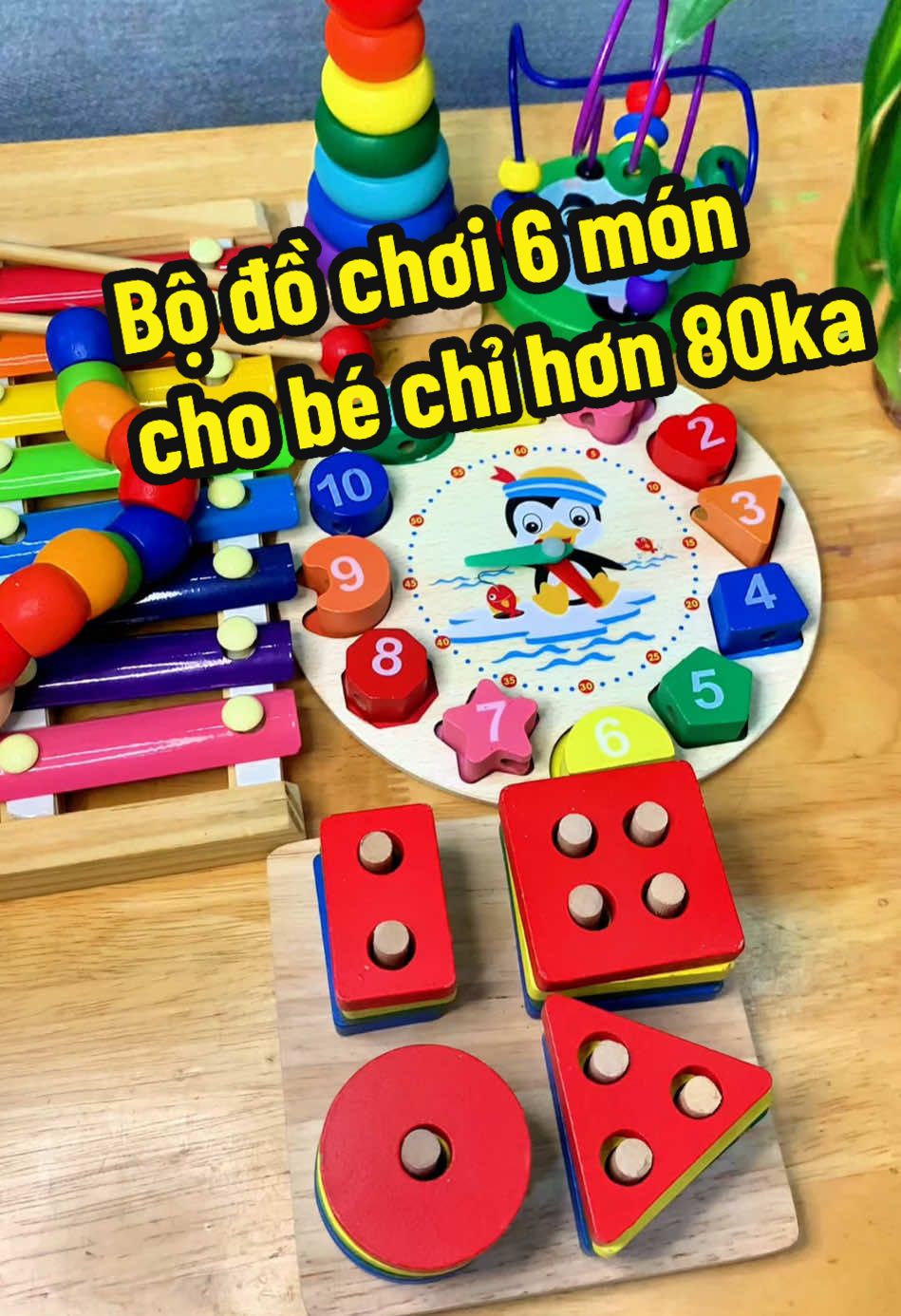 Bộ Đồ Chơi Gỗ Trí Tuệ 6 Món - Món Quà Hoàn Hảo Cho Bé Yêu! 🎶 🌟 Phát triển toàn diện cho bé yêu: 	•	Trò chơi luồn hạt: Rèn luyện sự kiên nhẫn, sự sáng tạo và kỹ năng tư duy. 	•	Đồ chơi âm nhạc: Âm thanh trong trẻo kích thích khả năng cảm thụ âm nhạc. 	•	Học mà chơi: Làm quen với số đếm, màu sắc, hình khối và cách xem giờ. 🎈 Chất liệu an toàn: 	•	Gỗ tự nhiên cao cấp, sơn gốc nước thân thiện với môi trường, không gây hại cho bé. 📚 Kích thích tư duy và kỹ năng logic: 	•	Lắp ghép các khối hình, xâu chuỗi linh hoạt giúp bé phát triển trí não và khả năng học tập. 	•	Tích hợp học tập và vui chơi, giúp bé phát triển toàn diện. 💥 Ưu đãi hấp dẫn: 	•	Chỉ 84.000đ (Giá gốc: 120.000đ)! 	•	Combo 6 món đa năng, tiết kiệm chi phí và thời gian. 🛒 Mua ngay để bé yêu phát triển tối ưu! 👉 Thêm vào giỏ hàng hôm nay để nhận ngay ưu đãi siêu hấp dẫn!#dochoi #thongminh #tưduy #tritue #dochoiantoan #dochoigo #montessori 