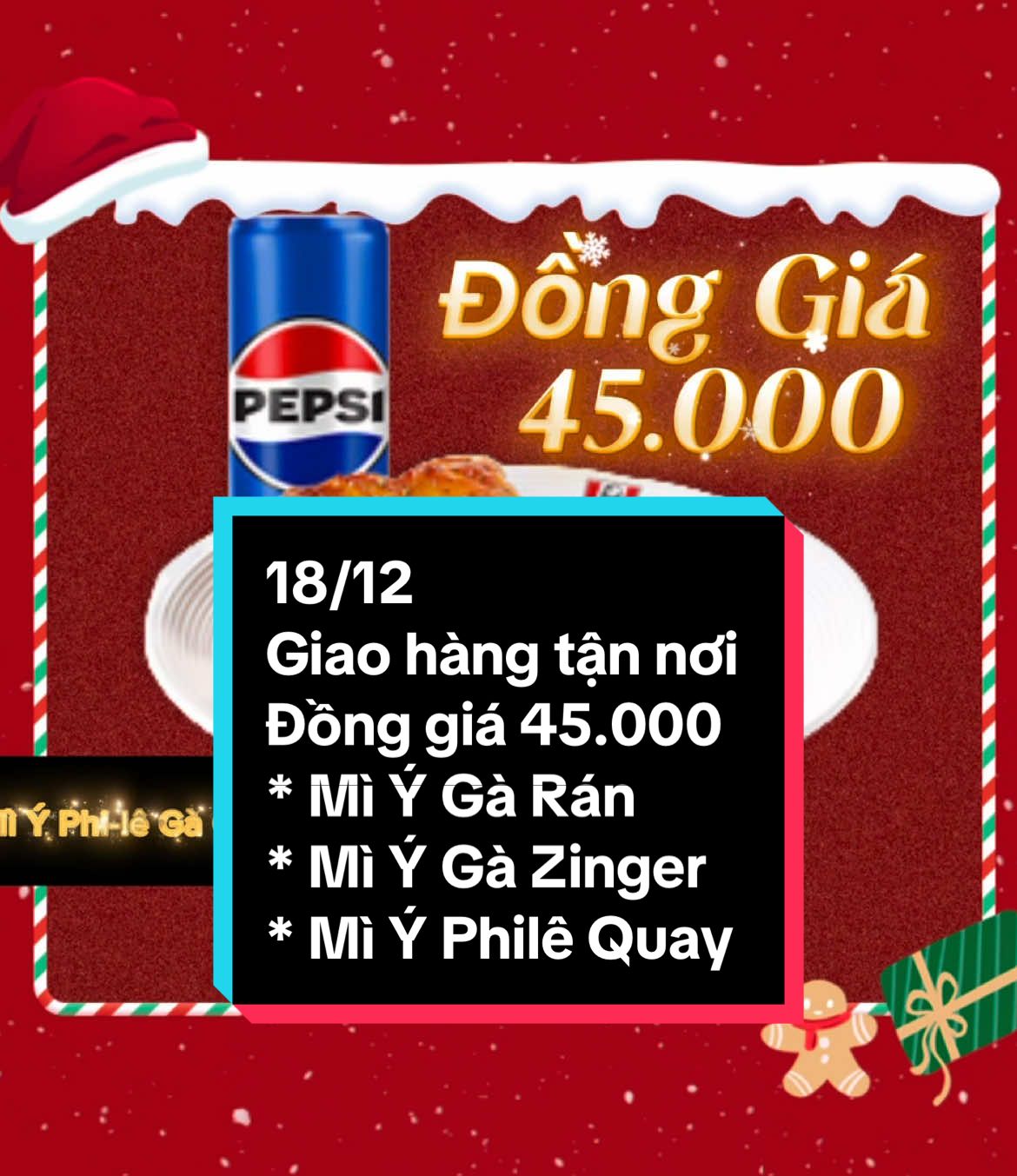 🍝 Combo 1 mì Ý gà + 1 lon Pepsi ĐỒNG GIÁ 45K duy nhất 18/12❗️ 🥳 Ngày hội “MÊ MÌ” quay trở lại, săn ngay kẻo lỡ 👏 (*) Chỉ áp dụng cho dịch vụ KFC Giao hàng tận nơi (hotline 1900 6886, website, app KFC Vietnam) và kênh Zalo OA. Giao hàng cho đơn từ 80.000đ. ——— #viral #xuhuong #fypシ゚viral #kfc #kfcvietnam #giaohangtannoi #kfcvvn #themkfc #miy #spaghetti #garan #kfcdelivery 