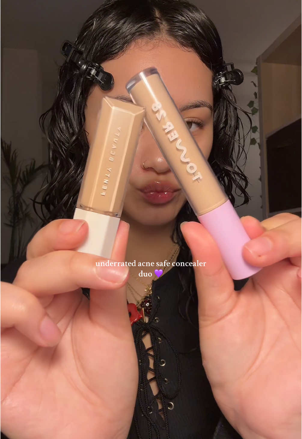 @Tower 28 Beauty swipe all over hydrating concealer - shade “IE” @Fenty Beauty we’re even hydrating longwear concealer - shade “190W” @ONE SIZE BEAUTY pink powder #acneproneskin #hydratingconcealer #fentybeauty #acnemakeupcoverage #tower28 #liftingconcealer #concealerrecommendation #acnemakeup