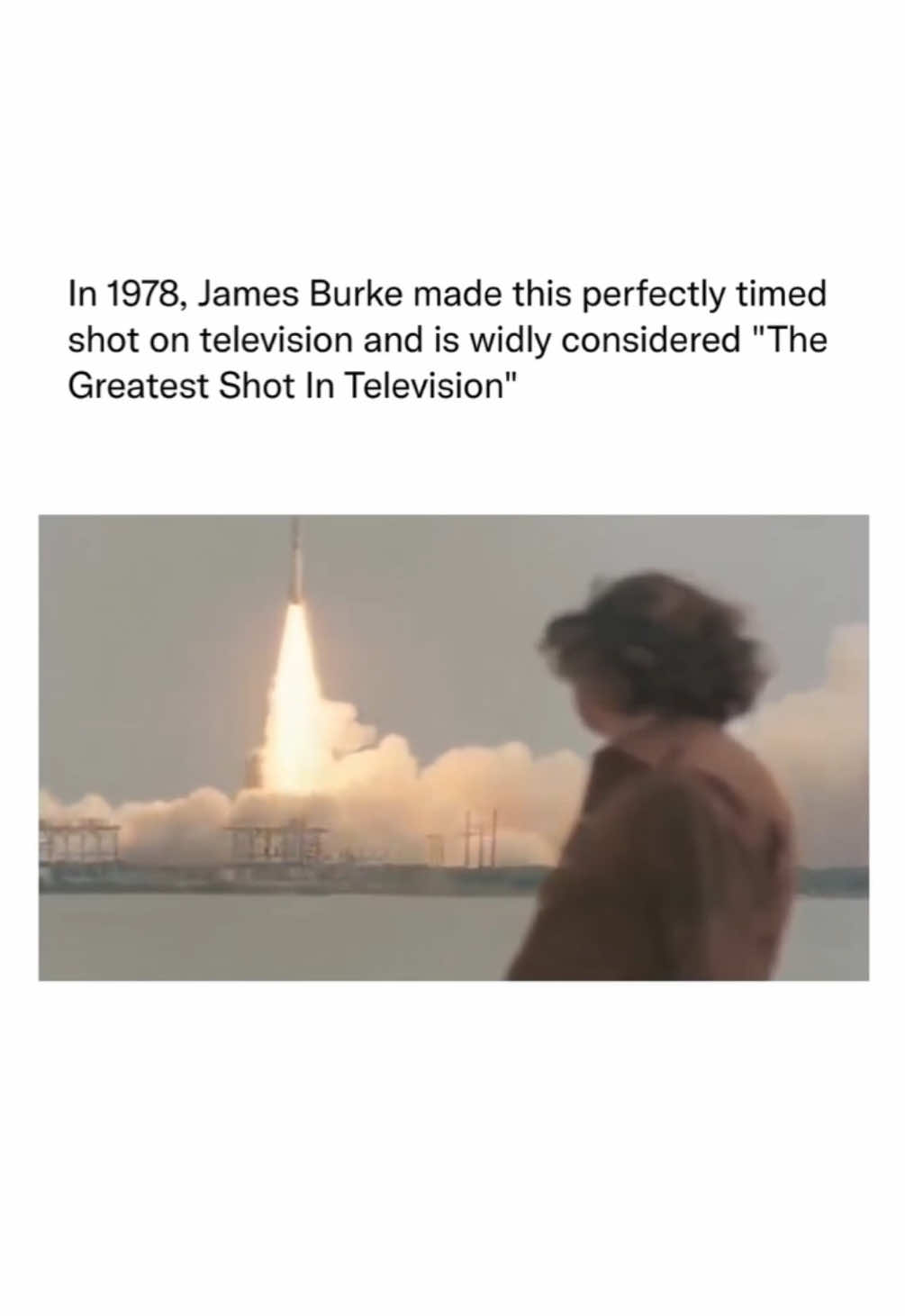 James Burke walks by a stationary spaceship and eventually stops in his tracks to explain that if hydrogen and oxygen are both released in a confined space, mixed and set light to them, “you get that.