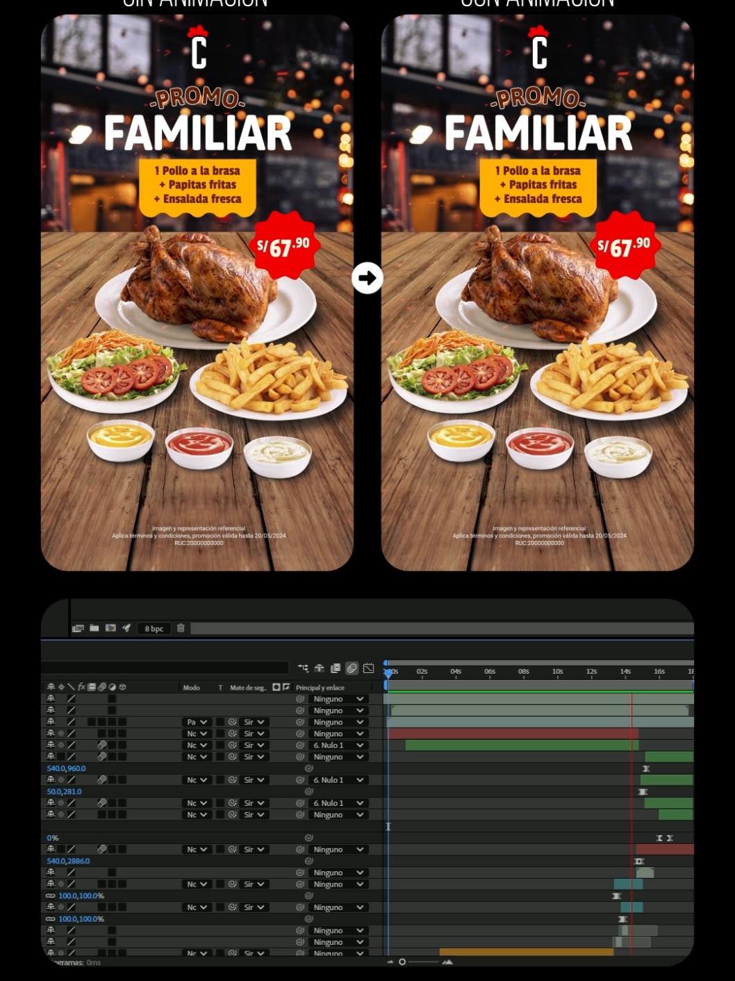 Así es la diferencia entre con y sin animación.🫡#adobeillustrator #graphicdesign #brandidentity #photoshop #aftereffect #motiongraphics #polleria 