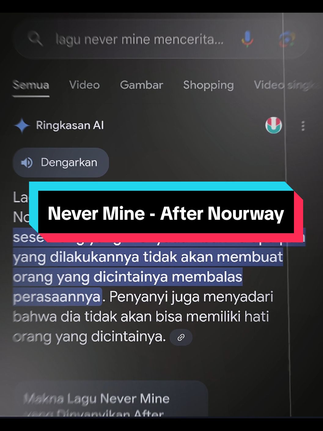 bentar lagi 2025, tapi kenapa hatiku blum bisa ngelupain dia ya😔 #lyrics #liriklagu #nevermine #afternourway #makna #lagu #sad #galau #fypシ゚ #fyp 