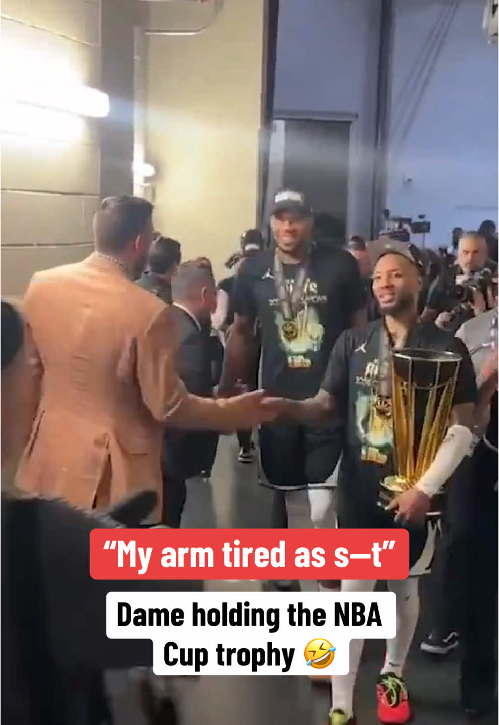 NBA Cup trophy is heavy 😅 (via @Yahoo Sports) #NBA #basketball #nbabasketball