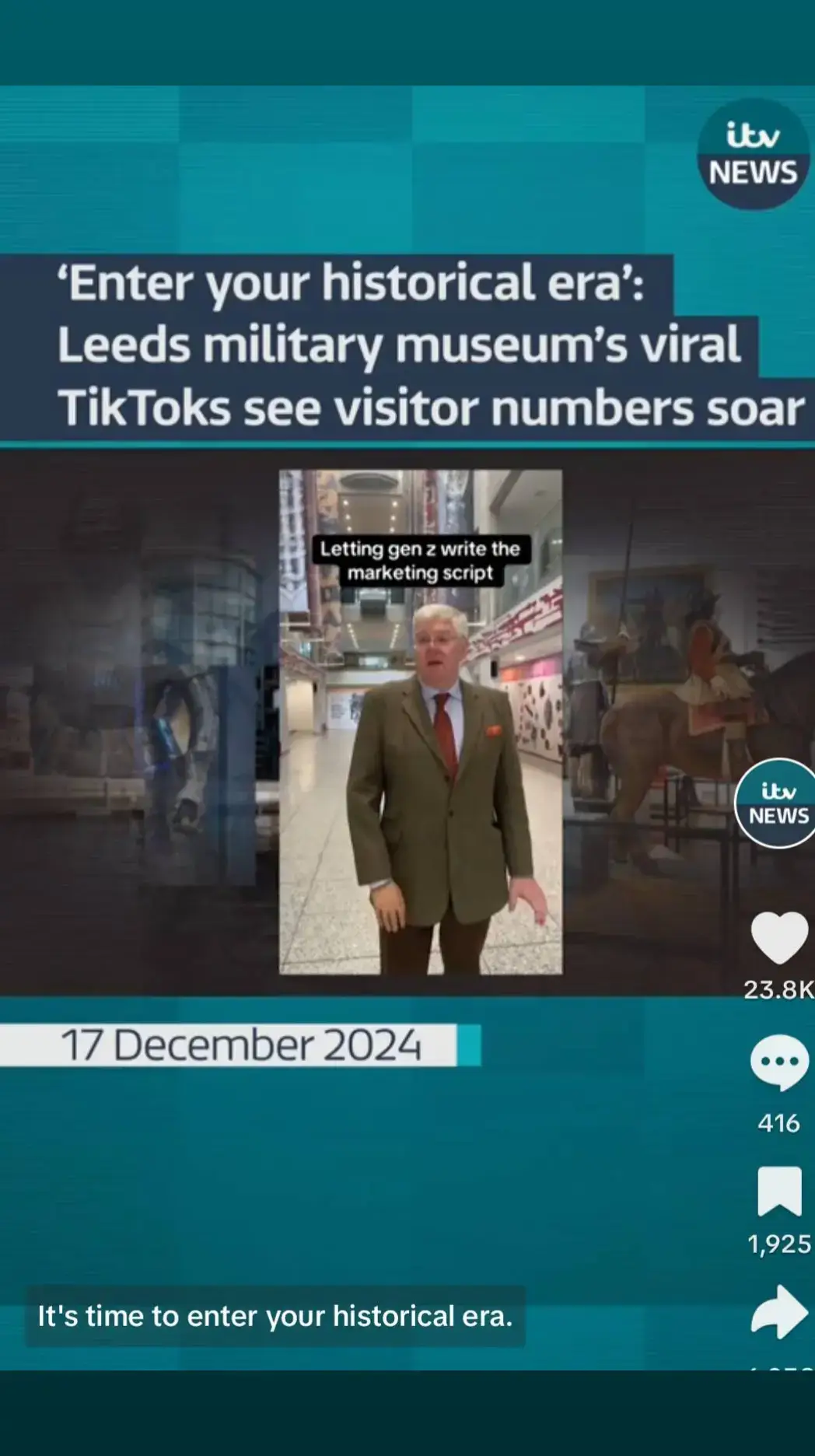 ITV News' Tom Bradby has taken inspo from unlikely TikTok star Mark Murray-Flutter to sound more 'Gen Z'. 23.8K 416 The Royal Armouries Museum in Leeds has seen a 60% increase in visitors thanks to their creative videos on the social media app #itvnews #leeds @royalarmouriesmuseum