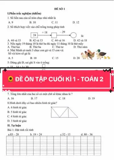 🌻️ ĐỀ ÔN TẬP CUỐI KÌ 1 - TOÁN 2 #sunobooks #toanlop2 #dethitoan #dethilop2 #xuhuong #hoccungtiktok 