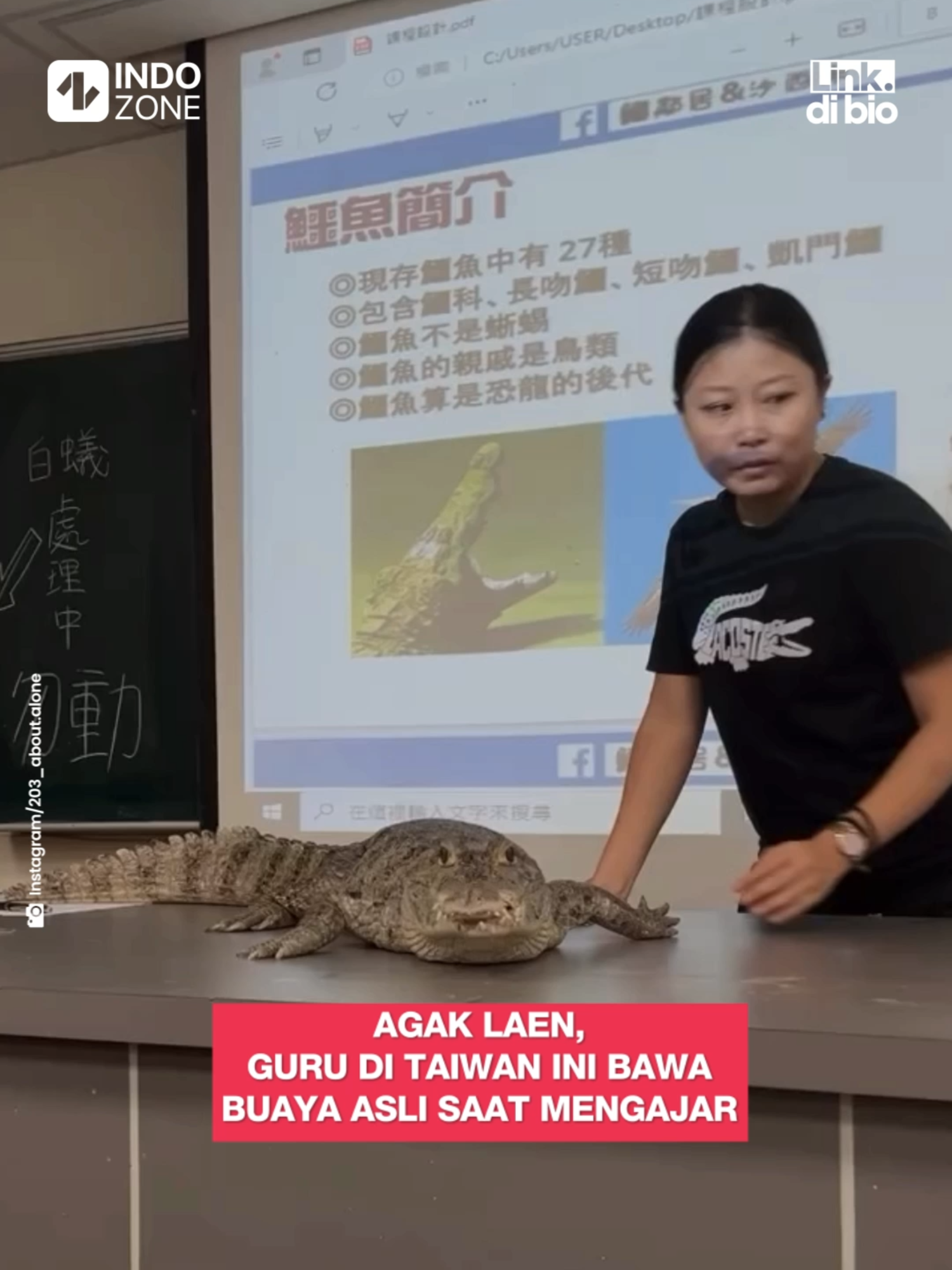 Sebuah video seorang guru yang membawa hewan ke dalam kelas mendadak viral. Pasalnya hewan yang dibawa ke kelas itu bukan hewan peliharaan pada umumnya, melainkan seekor buaya. Berbagai cara dilakukan oleh guru agar suasan kelas tidak membosankan dan ilmu yang diajarkan tetap dapat dipahami para siswa, seperti mengadakan games, kerja kelompok, mengadakan simulasi diskusi dalam berbagai bentuk, dan masih banyak lagi. Namun, seorang guru di Taiwan ini nampaknya menemukan cara yang cukup esktrem untuk menunjang suasana seru dan tidak membosankan dalam kegiatan pembelajaran kelas. Ya, guru tersebut membawa buaya asli pada saat mengajar di kelas! [Baca berita selengkapnya dengan KLIK tautan di BIO]⁠