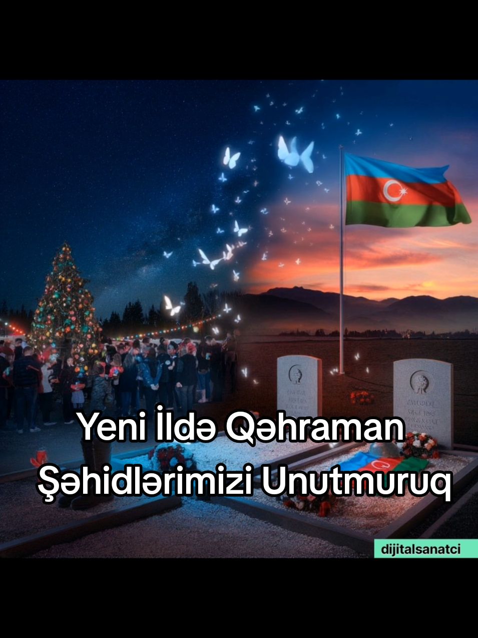 Yeni ildə Qəhrəman Şəhidlərimizi Unutmuruq Yeni ilin sevinci ilə birlikdə Şəhidlərimizin xatirəsini hər zaman ürəyimizdə daşıyırıq. Bu müqəddəs torpaqlar uğrunda canından keçmiş Qəhrəmanlarımız bizə azadlığımızı və suverenliyimizi bəxş etdilər. Onların yoxluğu bayram sevincimizi tam edə bilməsə də, ruhları hər zaman bizimlədir, ulduzlar qədər parlaq və əbədi. Bir tərəfdə, Vətən torpaqlarında dalğalanan üçrəngli bayrağımız və Şəhidlərimizin qoyduğu izlər – hərbi çəkmələr, dəbilqələr, qardan boylanan qırmızı bir çiçək. Digər tərəfdə isə ailələrin, dostların birlikdə keçirdiyi yeni il sevinci. Bu görüntü bizə həm Vətənə bağlılığı, həm də gələcəyə olan ümidlərimizi xatırladır. Şəhidlərimiz qəlbimizdə daim yaşayır və bizi qorumağa davam edir. Bu yeni ildə onları unutmadan, birliyimizi və gücümüzü qorumaq hər birimizin borcudur. Qəhrəmanlarımızın fədakarlığı ilə gələcəyə inamla baxaq. Yeni iliniz mübarək olsun! #yeniil #şehidlerimizi_unutmayaq🇦🇿🇦🇿 