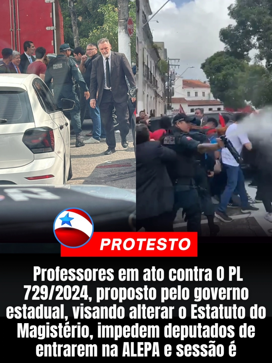 Professores  em ato contra o PL 729/2024 proposto pelo governo do estado, que está sendo apelidado de pacote do mal pelos profissionais do magistério, bloquearam com barricadas a Rua Doutor Malcher, localizada na parte posterior da Assembleia Legislativa do Estado do Pará (Alepa). Os manifestantes afirmam que não permitirão a entrada dos deputados, a menos que uma comissão formada por professores seja admitida para acompanhar a votação do projeto no plenário. Na foto, deputados Iram Lima, Zeca Pirão e Gustavo Seffer que foram impedido de entrar em no vídeo o deputado Erick Monteiro que furou a barricada e ainda meteu uma marra 