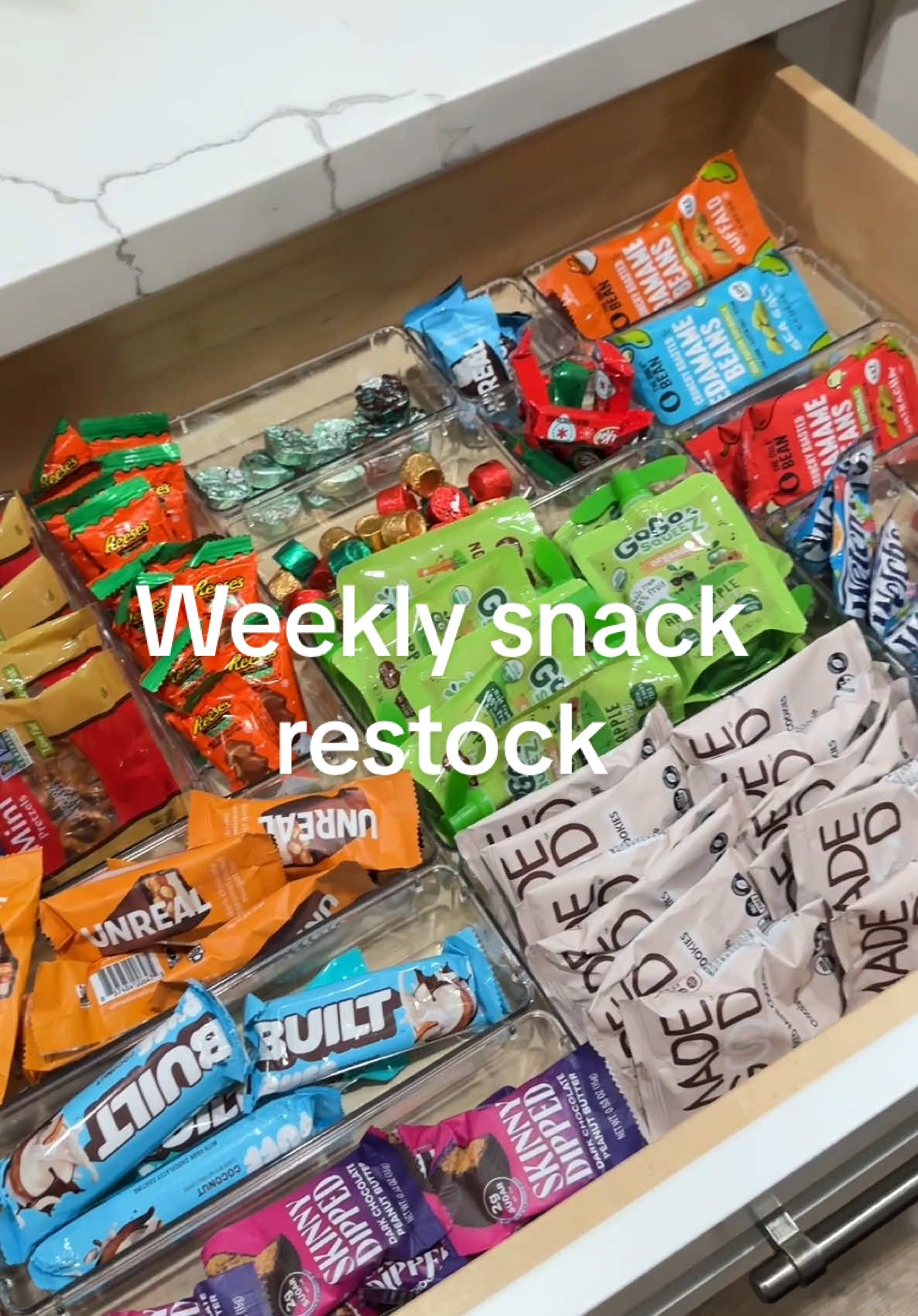 weekly snack restock using the best organizers! i have the organizets amd other snacks lInked in my showcase! #asmr #restock #snacks #satisfying #organized #Home #modern #sounds #asmrsounds #fyp #viral #fyp @UNREAL @GoGo squeeZ @MadeGoodFoods @BUILT.BAR  