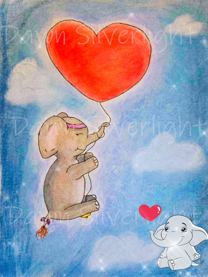 Meet Winnie the sweet loving elephant, who loves to soar through the sky on her balloon. Her illustration is done in color pencils with pen outline along oil pastels background. #whimsical #coloring #colorpencil #cute #animals #art #artist #artwork #elephant #oilpastel #sky #dreambigger #wildlife #kawaii #pastel #illustration 