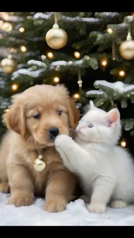 Sous les flocons ❄️🐾 Voici Milo le golden retriever et Nala la chatonne. Vous les trouvez comment ? #puppies #kitten #puppylove #Love 