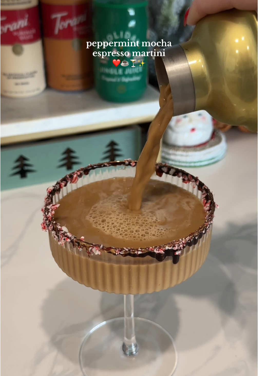 this makes 2 but you only need one! 😅 Ingredients: 1.5oz vodka 1.5oz kahlúa 1.5oz peppermint mocha creamer dbl shot of espresso (Chocolate sauce & crushed candy canes for rim) #peppermintmocha #espressomartini #holidaydrinks #christmascocktails