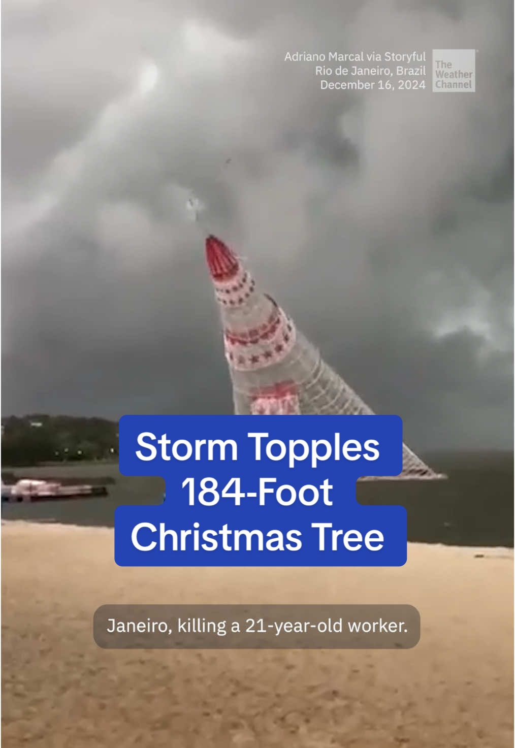 Video captured the moment a massive Christmas tree collapsed during a deadly storm in Brazil. #TheWeatherChannel #fyp #weathertok #weather #wind #storm #Christmas #christmastree #wind #windy #caughtoncamera #pov 