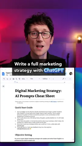 Write a full digital marketing strategy in just a few minutes with ChatGPT (or Claude or Google Gemini), using these AI prompts. It'll make ChatGPT learn about your business, build a deep understanding of what your marketing needs to achieve and how to get results. #ai #aitools #artificialintelligence #generativeai #genai #techtok #tech #llm #chatgpt #chatgptprompts #chatgpttips #socialmediaadvertising #digitalmarketing #marketingstrategy #marketing