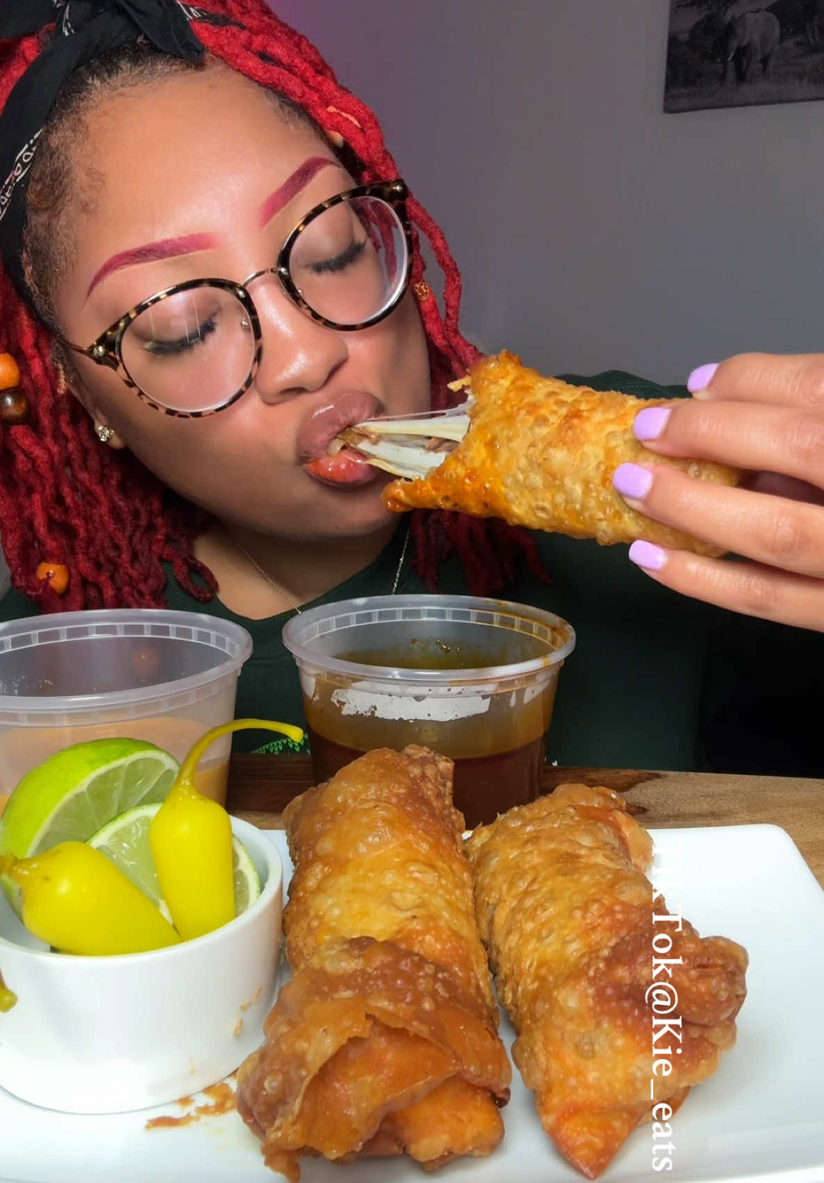 I made Birria egg rolls and they were delicious! Of course I had to eat it with my favorite, hot chili peppers, lime, grilled onions, and a grilled jalapeno pepper. #eggrolls #asmr #notalkingmukbang #fype #asmrfood #mukbang #fyp #birriatacos #birria #birriaeggrolls #birriaramen #eating birria egg rolls mukbang!