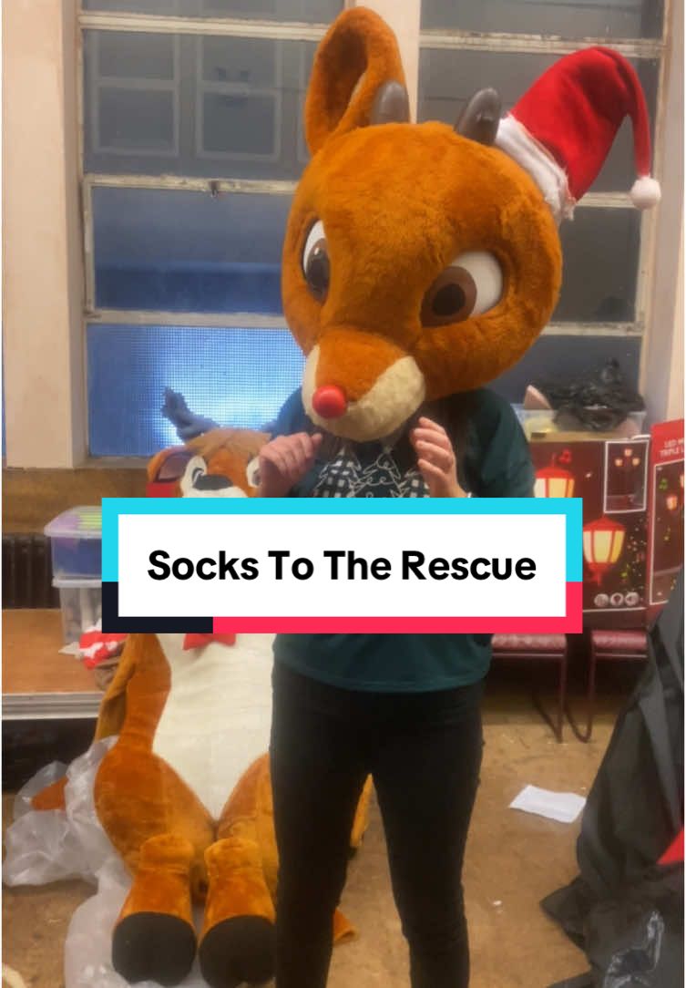 Using socks to pad out the mascot head 😂 #rehearsals #socks #backstage #antics #mascott #rudolph #reindeer #fyp #vitalvideo