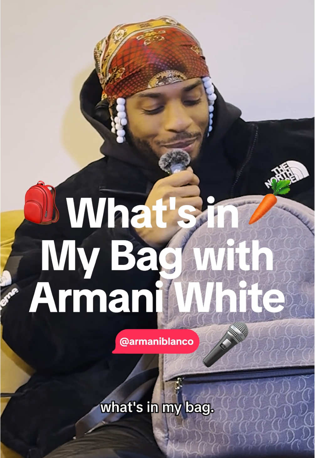 Which one isn’t in @Armani White’s bag? A rubber duck, hummus, or a wallet?