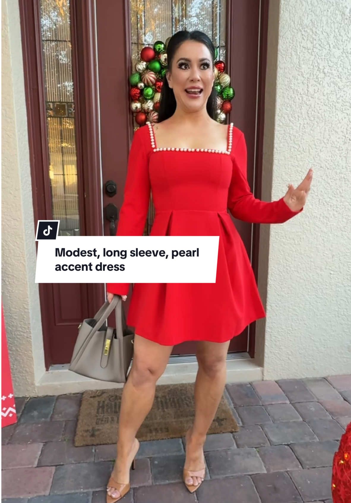 I finally got it in red and oh my gosh, it has a life of its own! #ModestDress #LongSleeveDress #PearlAccentDress #PartyDress #HolidayDress #TikTokShopHolidayFashionHall #WinterFashion #WinterDress 