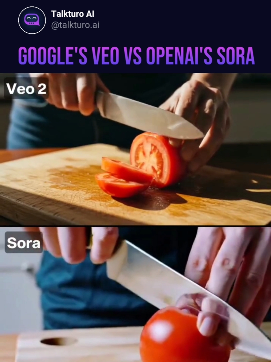 Both of them got the same promp⬇️ “A pair of hands skillfully slicing a ripe tomato on a wooden cutting board” Google's Veo 2 is truly impressive! 👉 Follow @talkturo.ai for the latest news in AI! #ai #artificialintelligence #aicontent #aitools