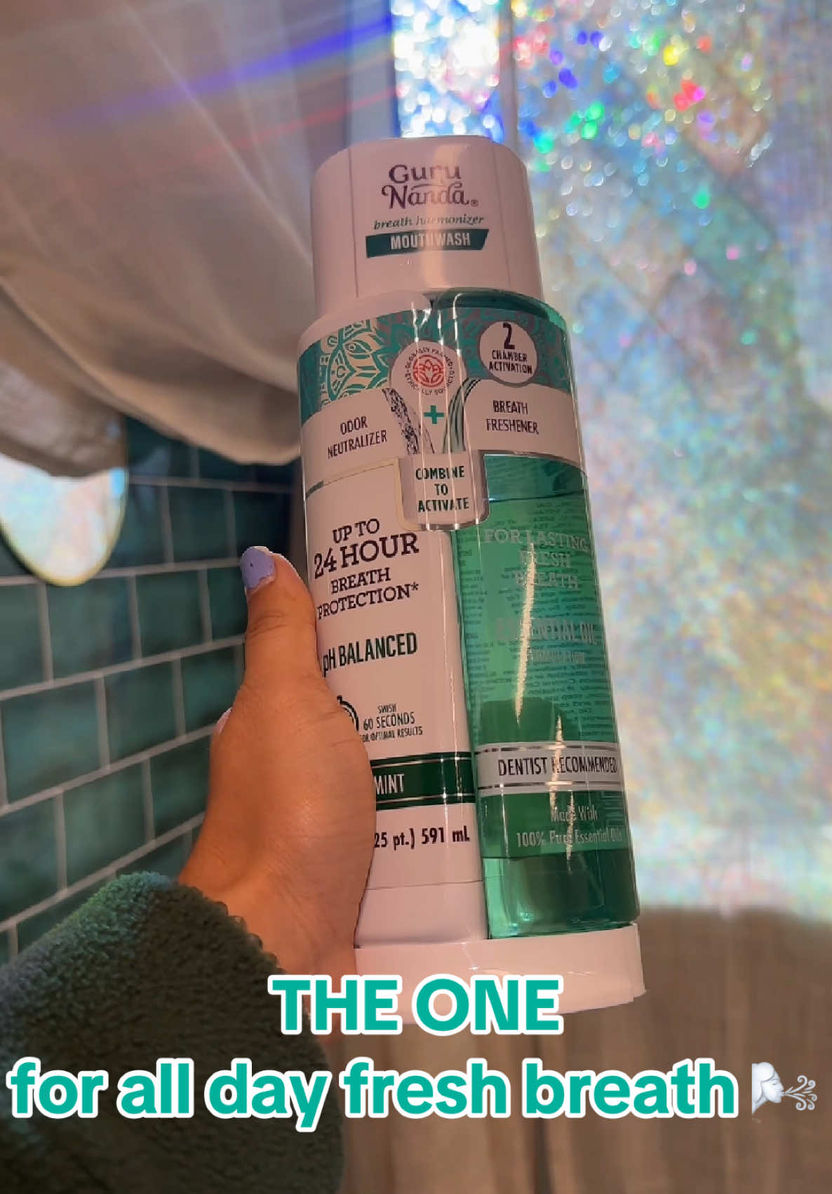 For up to 24 hours of fresh breath protection 🌬️ our Dual Barrel Breath Harmonizer is that girl 💚🌟 #gurunanda #oralhygiene #freshbreath #mint #essentials #mouthwash #alcoholfree