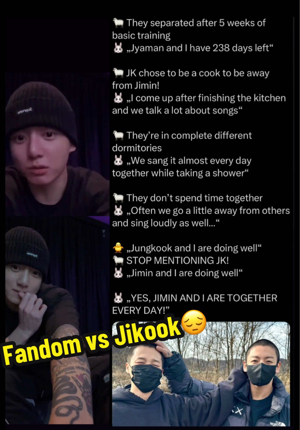 Everyone is so against #Jikook  They can’t even be friends according to some Armys (aka undercover Taekookers), JJKs, KTHs, PJMs. All of these people want Jimin and Jung Kook to hate each other so badly like they didn’t willingly choose to enlist together at the peak of their careers… I guess they know what people say and still choose each other over those opinions. I’m glad they don’t seem to care though. I love them so much. I hope they keep on smiling. Can’t wait for them to come back soon.🥺#jungkook #jimin #kookmin 