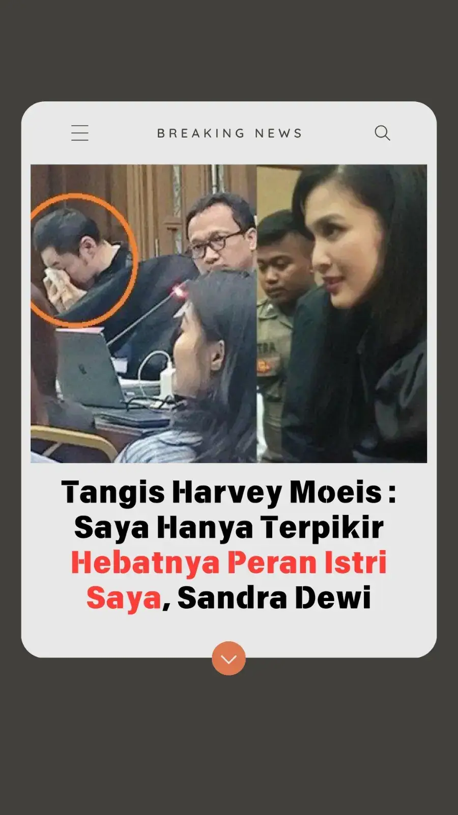 Harvey Moeis menangis saat membacakan pleidoi atau nota pembelaan dalam sidang lanjutan kasus dugaan korupsi timah di Pengadilan Tipikor Jakarta, Rabu (18/12). Tangis Harvey pecah saat menyinggung peranan istrinya, Sandra Dewi Mulanya, Harvey bercerita pernah ditanya oleh rekannya di rumah tahanan. Kala itu, Harvey ditanya soal hal paling dirasakannya selama menjalani proses hukum ini. 