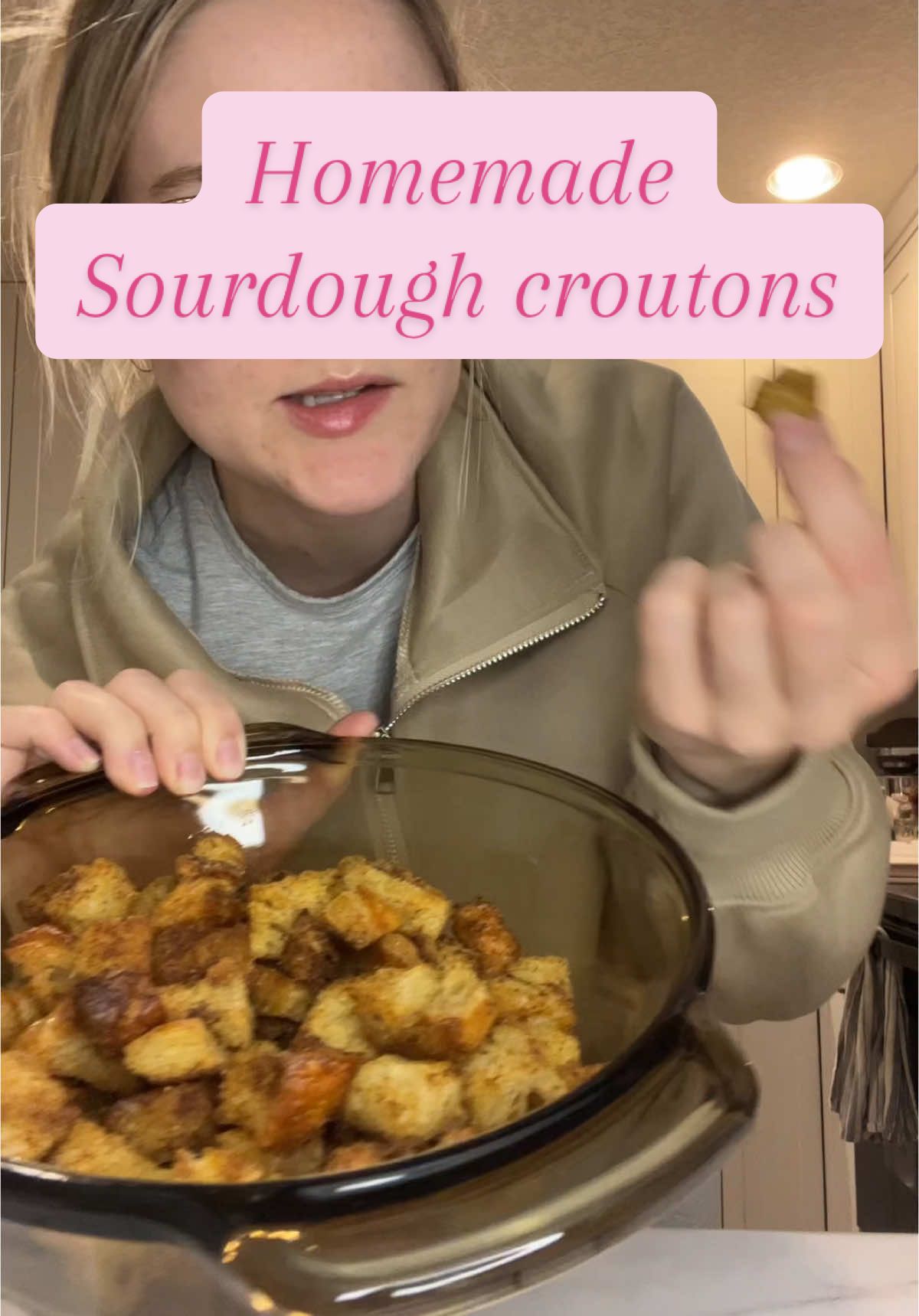 DELICIOUS homemade sourdough croutons! Cube up sourdough or baguette bread, toss in olive oil and seasonings of your choice (brown sugar cinnamin is good too!) place on parchment lined baking tray and bake at 375° for 15-20 miniutes or until cripsy! Mine took 30 minutes. #sourdoughbread #sourdoughcroutons #sourdoughtok #sourdough 