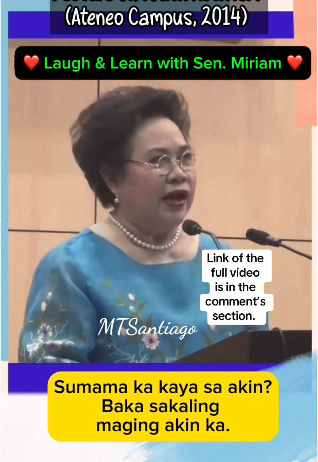 FULL VIDEO 📹👁️‍🗨️ NAKAKATUWANG PICK-up lines na may kasama pang lecture tungkol sa “Youth Actisimm ❤️🙏❤️ ni Sen. Miriam Defensor Santiago sa mga estudyante ng Ateneo de Manila, ika-14 ng Nobyembre 2014. Excerpt: “Why should you engage in youth participation? There are two benefits: First, youth participation helps to develop the entire society or community. Second, youth participation helps to promote the civic and political life of young people. More specifically, the main benefit of youth participation is that it produces positive psycho-social results by enhancing open-mindedness, personal responsibility, social and civic competence, moral and ego development, and a sense of advocacy and self-esteem. It also contributes to organizational, community, and political development.” #Miriamquotes #miriam  #MiriamDefensorSantiago #IronLadyOfAsia #MiriamLegacy #feistysenator #DragonLady #platinumlady #BestPresidentWeNeverHad #Incorruptible #idoloftheyouth #RuleOfLaw #defenderoftheConstitution #fbpost #postoftheday #viralpost #highlights #followers #fypシ゚ #trending  #viralvideo #fyp #viral 