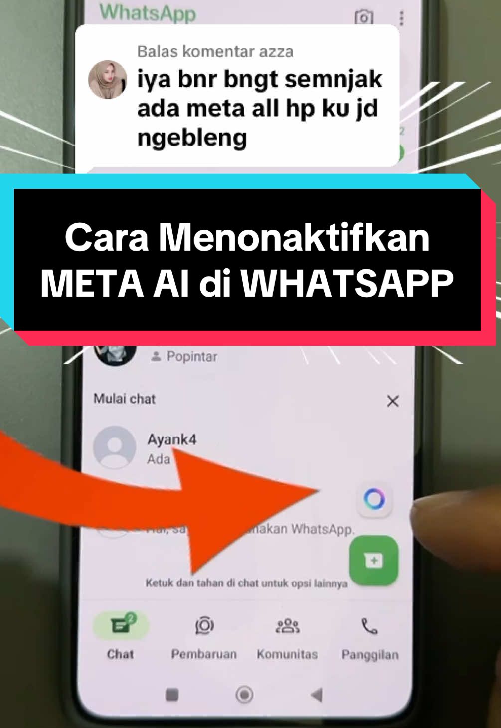 Membalas @azza Cara Menonaktifkan META AI di WHATSAPP #NonaktifkanMetaAIwhatsapp #MetaAIdiWhatsapp #trikwa #trikwhatsapp #TipsTrik #metaaiwhatsapp #fyp #Trending #tutorialWA #tutorialwhatsapp 