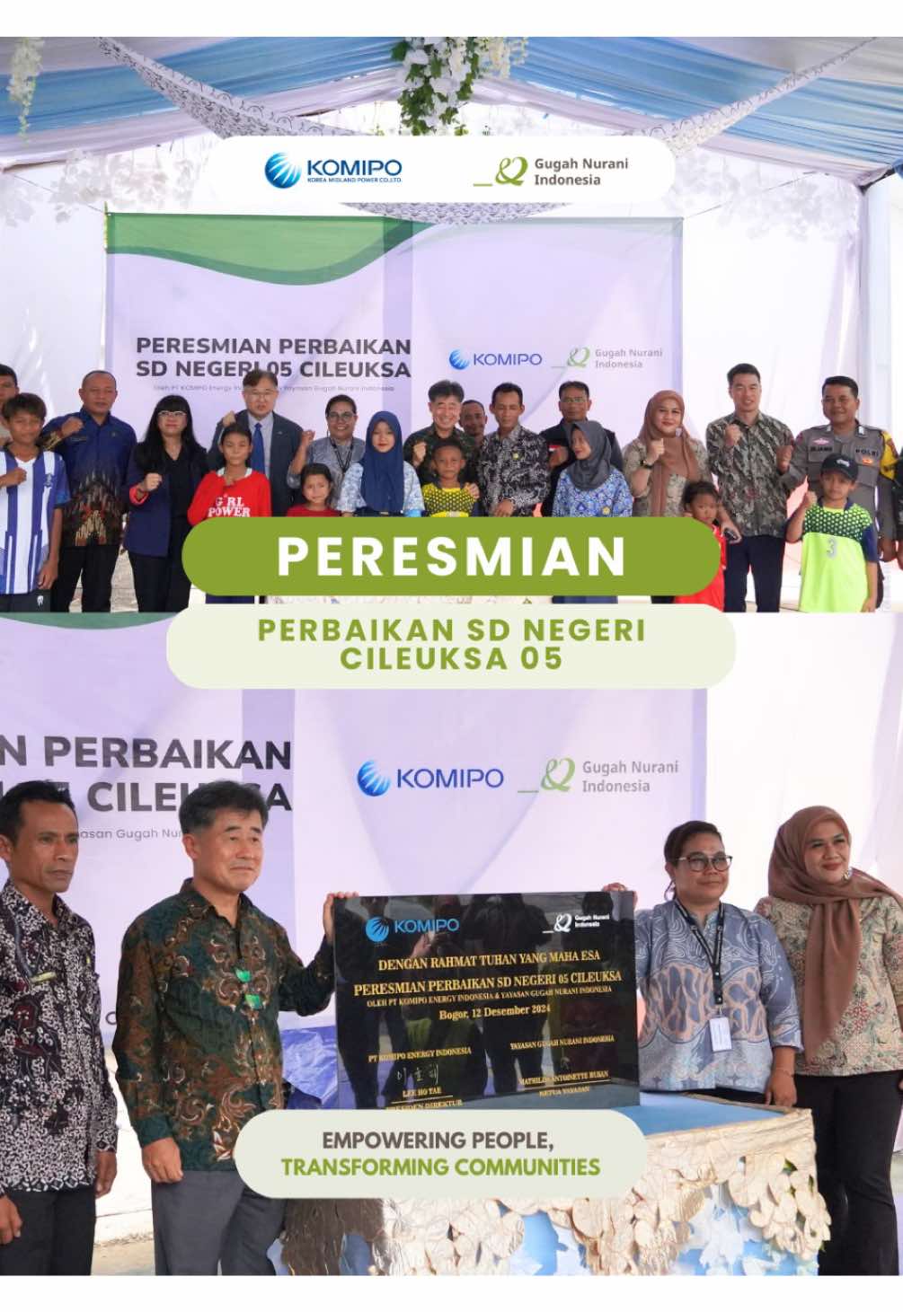 Akhirnya anak-anak dapat belajar dengan aman dan nyaman!  12 Desember 2024 lalu dilaksanakan peresmian perbaikan SD Negeri Cileuksa 05, Kabupaten Bogor. Program renovasi sekolah ini merupakan kolaborasi PT KOMIPO Energy Indonesia dan Gugah Nurani Indonesia. Sekolah ini direnovasi dengan konsep bangunan siaga bencana.  Semoga semakin banyak yang mengusung konsep ini kedepannya. Agar anak-anak Indonesia dapat belajar dengan rasa aman dan nyaman.  #renovasisekolah #siagabencana  #GugahNuraniIndonesia #masadepananak 