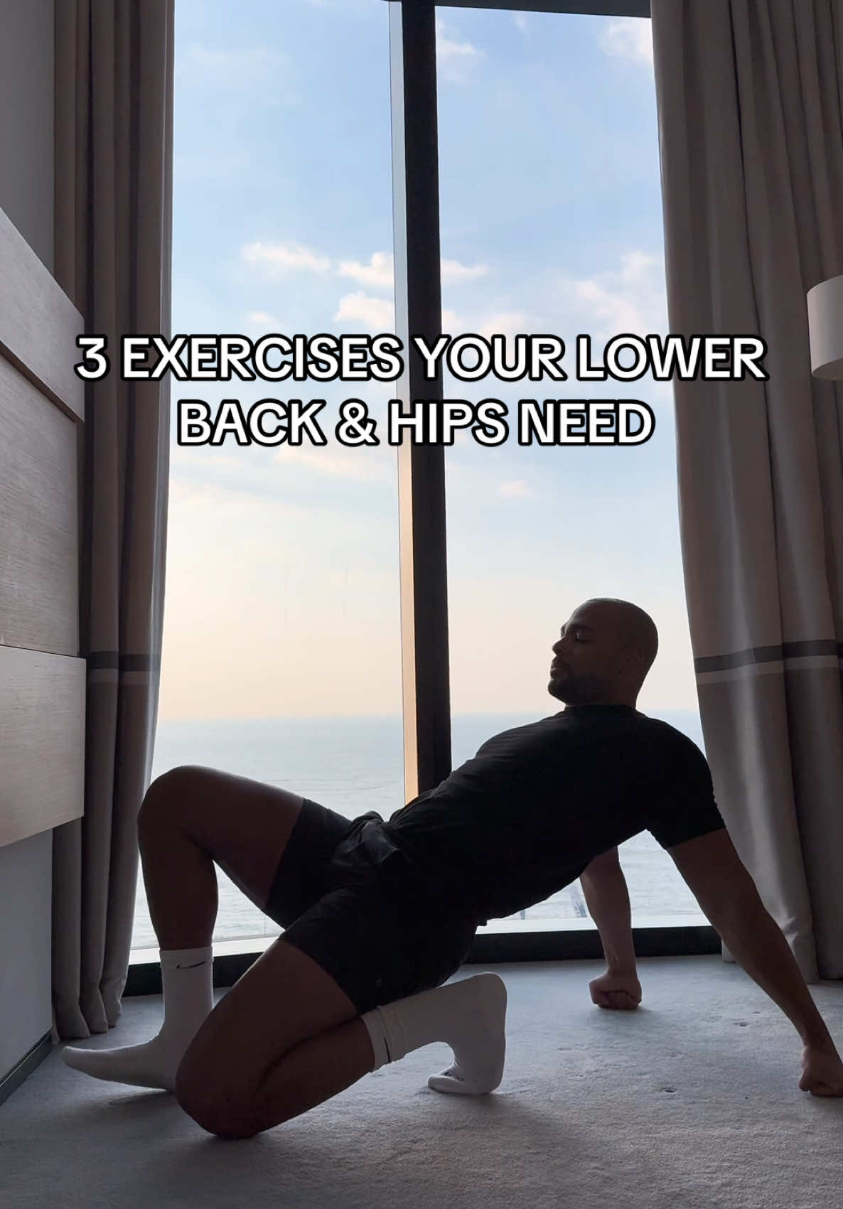 Low back pain & stiff hips?  Try these 3 exercises to improve hip mobility and core strength, this might help relieve your hips from stiffness and adress lower back pain #lowbackpain #mobility #movement #hips #backpain #fyp 