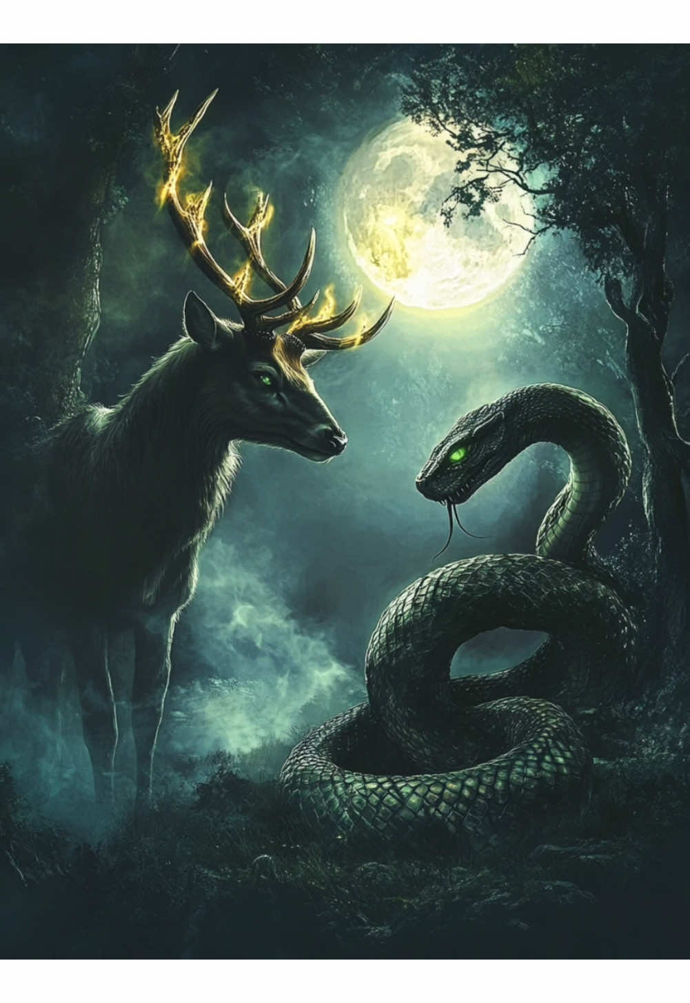 Behold the Majestic Stag-Serpent Hybrid 🦌🐍 A creature born of mystery and power: with golden antlers glowing like ancient runes and a serpent’s coiled body shimmering with emerald scales, it rules the enchanted forest. Regal, deadly, and mesmerizing—what would you name this mythical beast? 🌙✨ #FantasyArt #HybridCreatures #MythicalBeasts #DigitalArt #ArtLover #FantasyWorld #EpicCreatures #MysticalVibes #AnimalFusion #CreativeDesigns