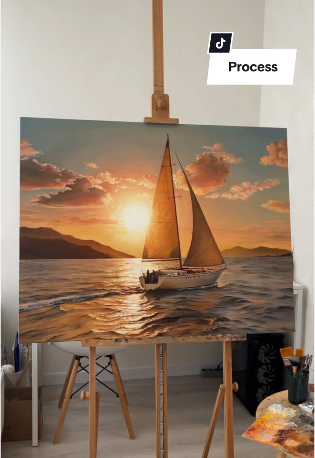 The process of my biggest sailboat painting 💛 #oilpainting #paintingprocess #artprocess #artistoftiktok #arttiktok #arttutorial #artwork #sunsetlover #sunset #sealover #artlover #arts #artforsale #marynavoroshyloart #sea