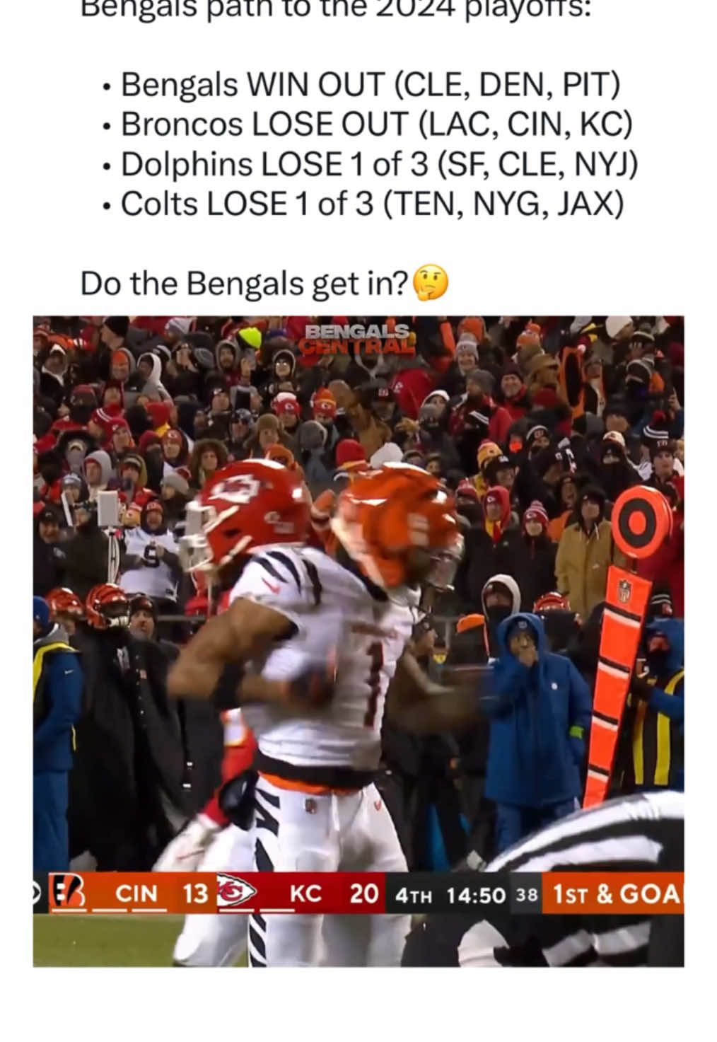 Can the Bengals sneak into the 2024 playoffs?🤔👀 #Bengals #WhoDey #Cincinnati#BengalsNation #SuperBowl #AFCNorth #NFL #Football #MondayNightFootball #Sports #SuperBowl #AFC #NFC #SportsBetting #Betting #Bet #touchdown #sack #hit #catch #micdup #ref #penalty #flag #block #qb #wr #rb #halloffame #JoeBurrow #JaMarrChase #TeeHiggins #JakeBrowning #LSU #LSUFootball #Rivalry #Rivals #TaylorSwift #block #pancake #fyp #TikTokViral 