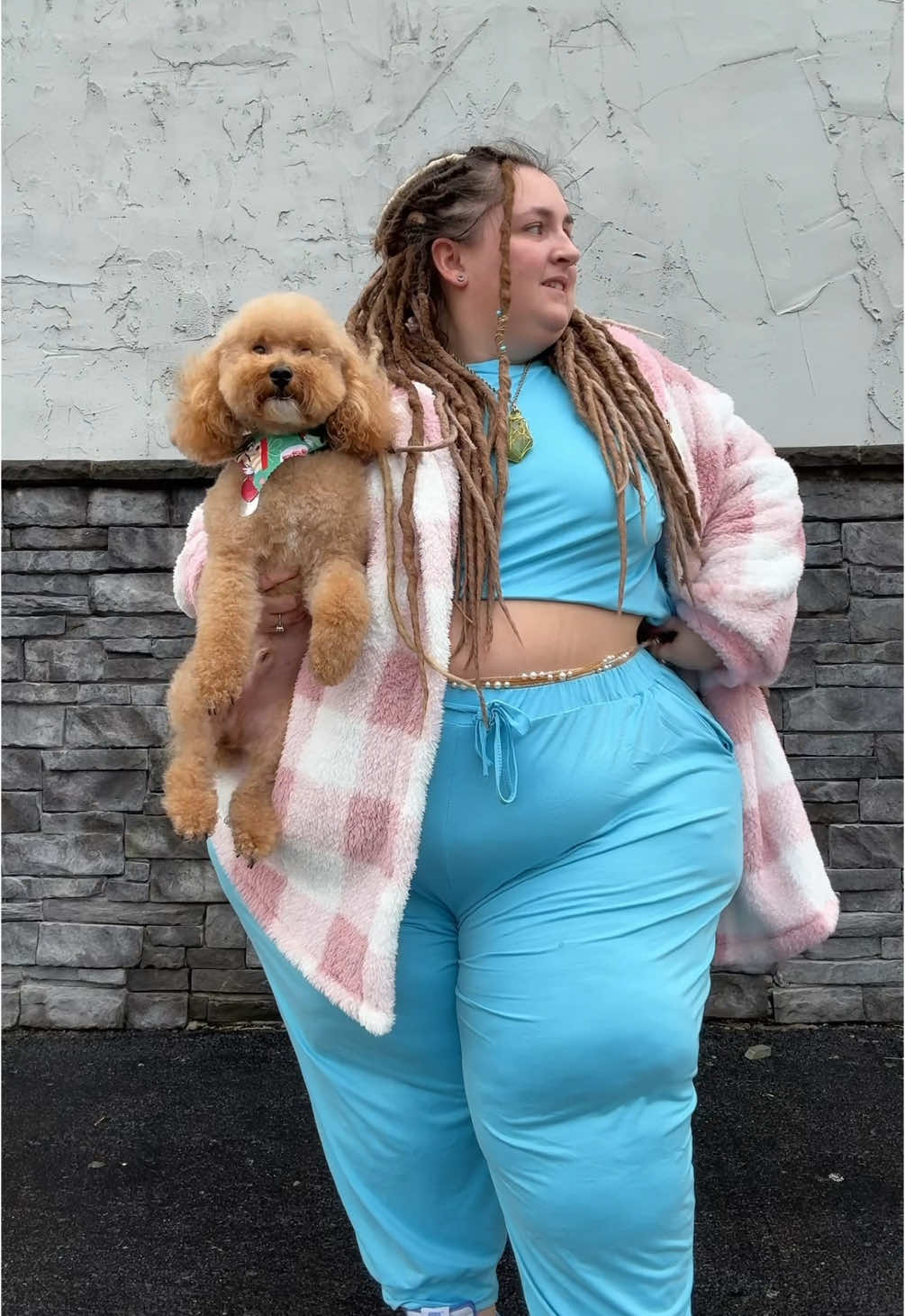 No coffee this time just my TeddyBear! #comfyclothes #colorful #toypoodle #dogmomlife #curvyfashion