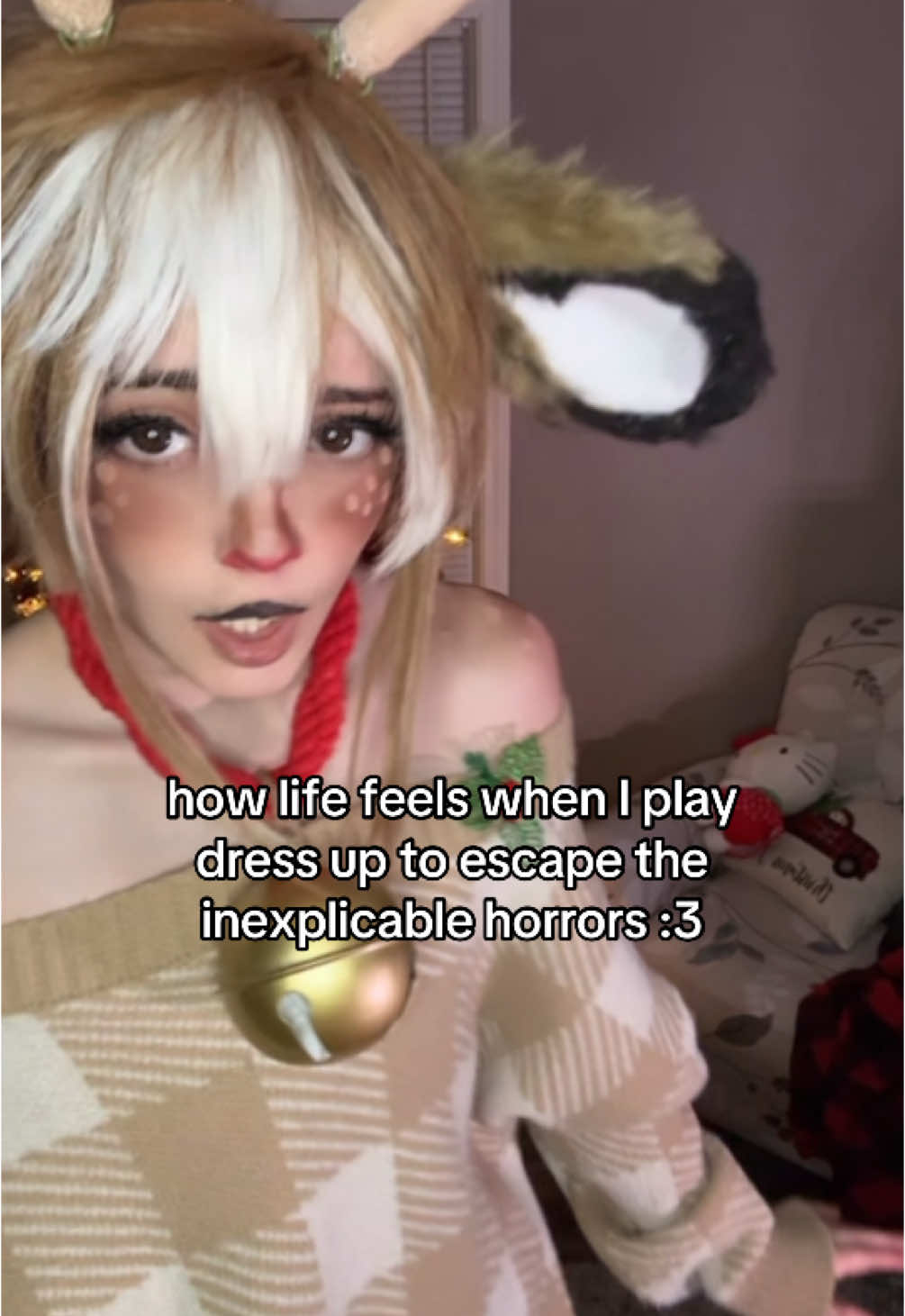 world mean and cruel, dress up nice and soft #cosplay #fawn #deermakeup #deerkemonomimi #kemonomimi #mooimimo #feminineboy #femboy #christmascosplay 