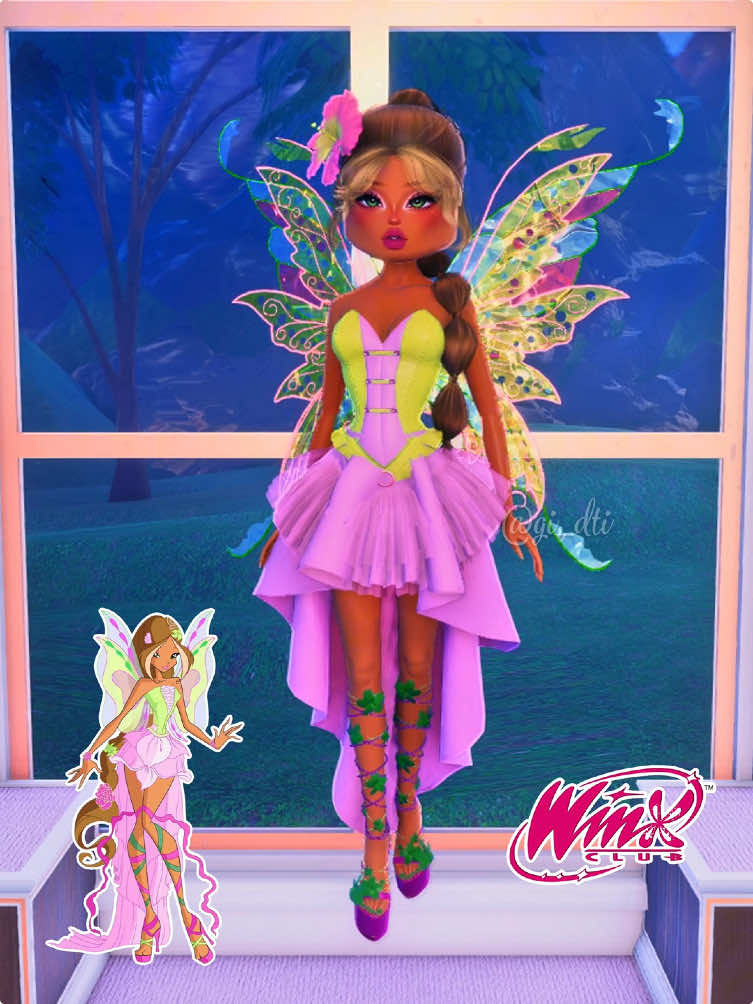 My version of Flora’s transformation from Winx! I feel like the shaders altered the colors a bit more than they should have, please disregard 🌸✨ #winx #dresstoimpress #roblox #dti 