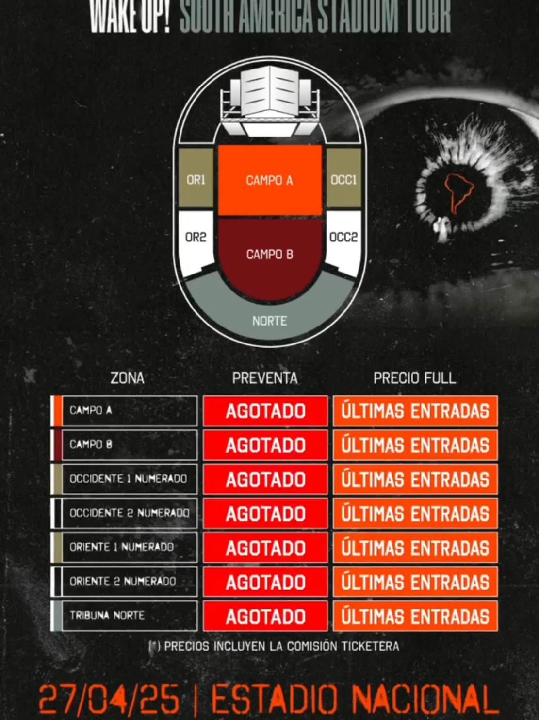 ÚLTIMAS ENTRADAS PARA #SYSTEMOFADOWN 👁️ 🎟️: Entradas disponibles en el link de mi perfil. Queda pocas entradas para el increíble concierto de System of a Down.🤟 No te quedes sin vivir esta experiencia única en el Estadio Nacional. #SOAD llega por 1° vez al Perú para hacer temblar toda la ciudad con la potencia de música. ¡Sé parte de este momento histórico! System Of A Down - Wake Up👁️ 27 de abril - Estadio Nacional 👉🏼 Entradas a la venta en Teleticket🎫