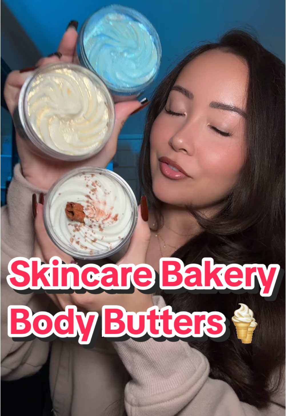 These body butters have no business being this pretty✨ Trying The Skincare Bakery’s holiday body butters. Eggnog, snickerdoodle, and vanilla bean. #bodycareroutine #bodycareproducts #bodybutter #bodybutters #glowyskin 