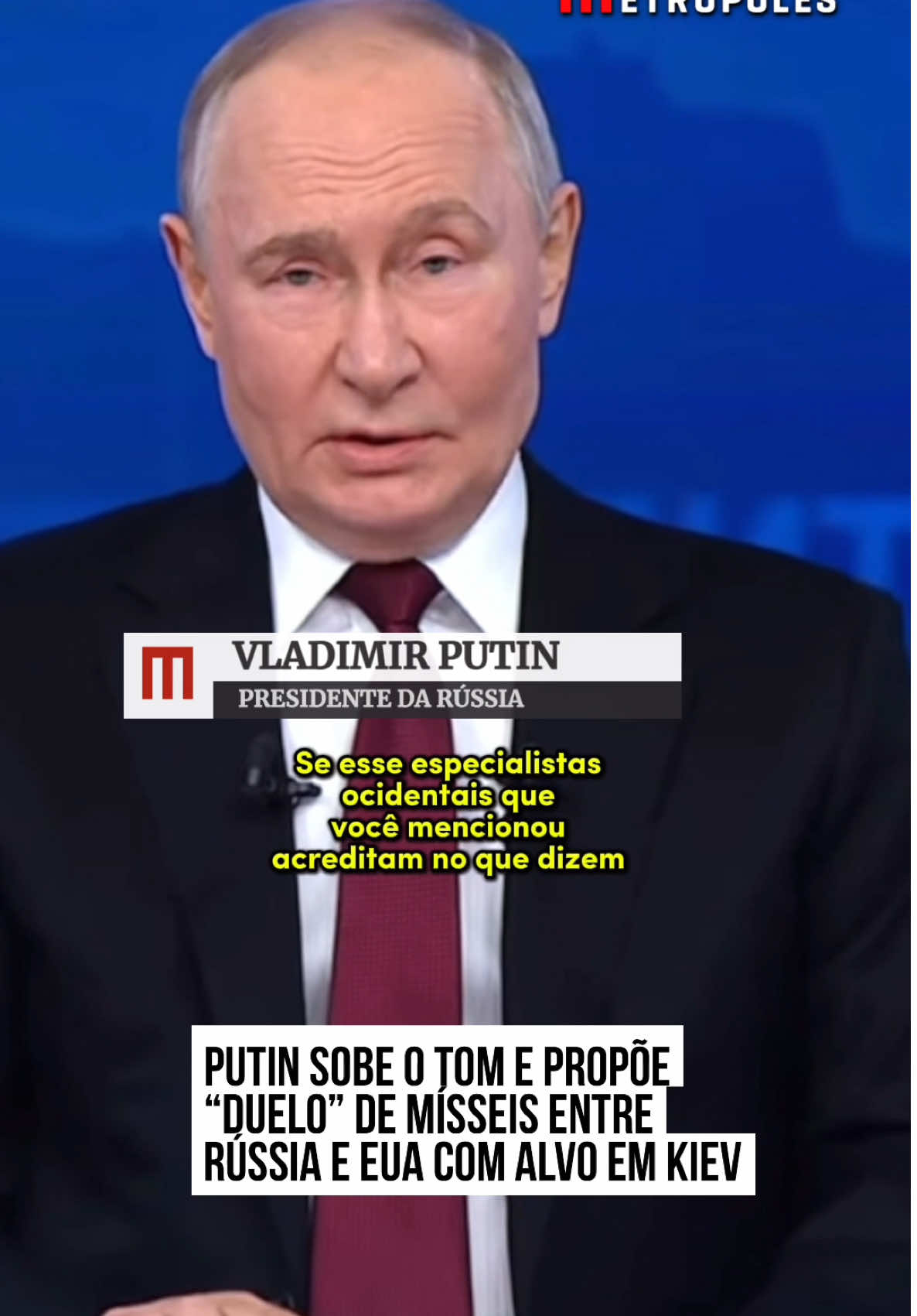 Putin sobe o #tom e propõe “duelo” de mísseis entre #Rússia e #EUA com alvo em #Kiev. “Vamos realizar esse experimento, esse duelo tecnológico, e ver o que acontece. Penso que será útil tanto para nós como para o lado #americano”, declarou o #presidente russo nesta quinta-feira (19/12). #TikTokNotícias  Tradução: Samuel Pancher 📹 Reprodução