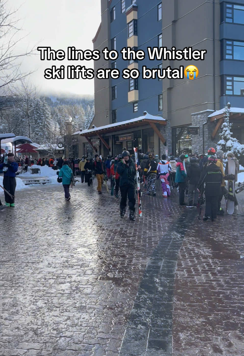 I feel so bad for the people at the back those boots are awful to walk in #fyp #britishcolumbia #whistler #skilift #vancouver #longlines #brutal #yvr 