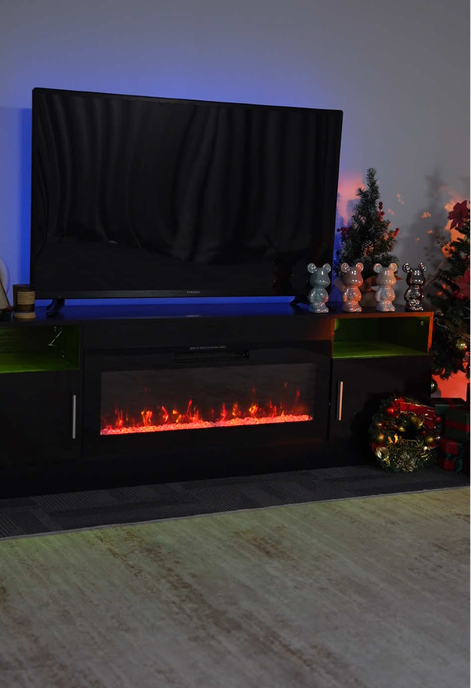 Come to see my living room for Christmas! #fireplace #fireplacetvstand #tv #tvstand #romantica #livingroom #christmas #christmasdecor #dream #apartment #fire #firecolor #light #beauty #homedecor 