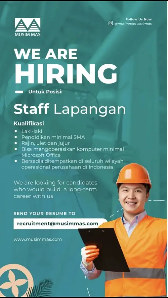 Lowongan pekerjaan sebagai Staff Lapangan di Musim Mas Group Selamat Mencoba 🇮🇩 #Stafflapangan #loker  #lokerterbaru  #lokerpertanian  #lokerpertanianpku  #lokerpertanianpku2025  #lowongankerja  #LowonganKerja 