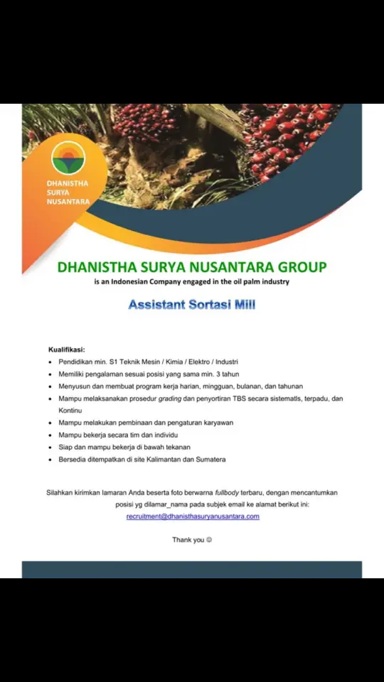 URGENTLY NEEDED! Hi Jobseekers! PT Dhanistha Surya Nusantara sedang membuka lowongan pada posisi 