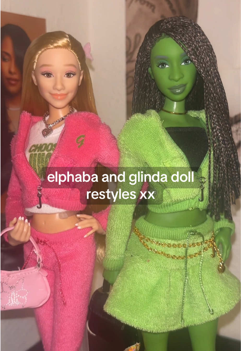 get yall some of these wicked dolls idk!! knew these juicy tracksuits would look good on elphaba and glinda as soon as i saw them  #wicked #wickedthemusical #wickedmovie #juicycouture #juicytracksuit #barbiejuicycouture #wickeddolls #wickedmovie #elphaba #glinda 