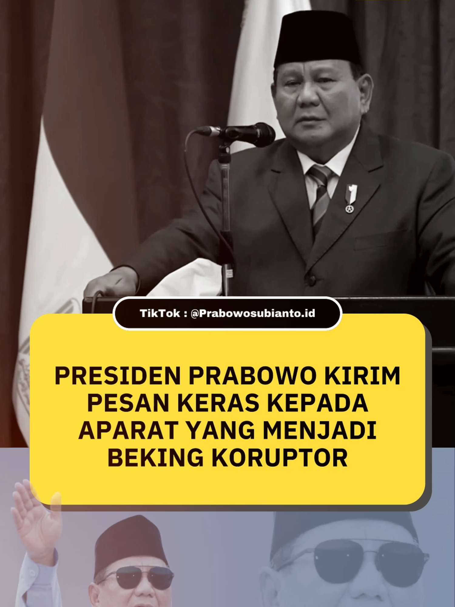 Presiden RI Prabowo Subianto mengancam akan membersihkan aparat di Indonesia jika berpihak ke koruptor, bukan bangsa dan rakyat. Prabowo yakin seluruh rakyat Indonesia akan berada di belakangnya dalam mendukung pembersihan aparat ini. Hal tersebut Prabowo sampaikan saat bertemu mahasiswa Indonesia di Universitas Al-Azhar Kairo, Mesir, Rabu (18/12/2024). 